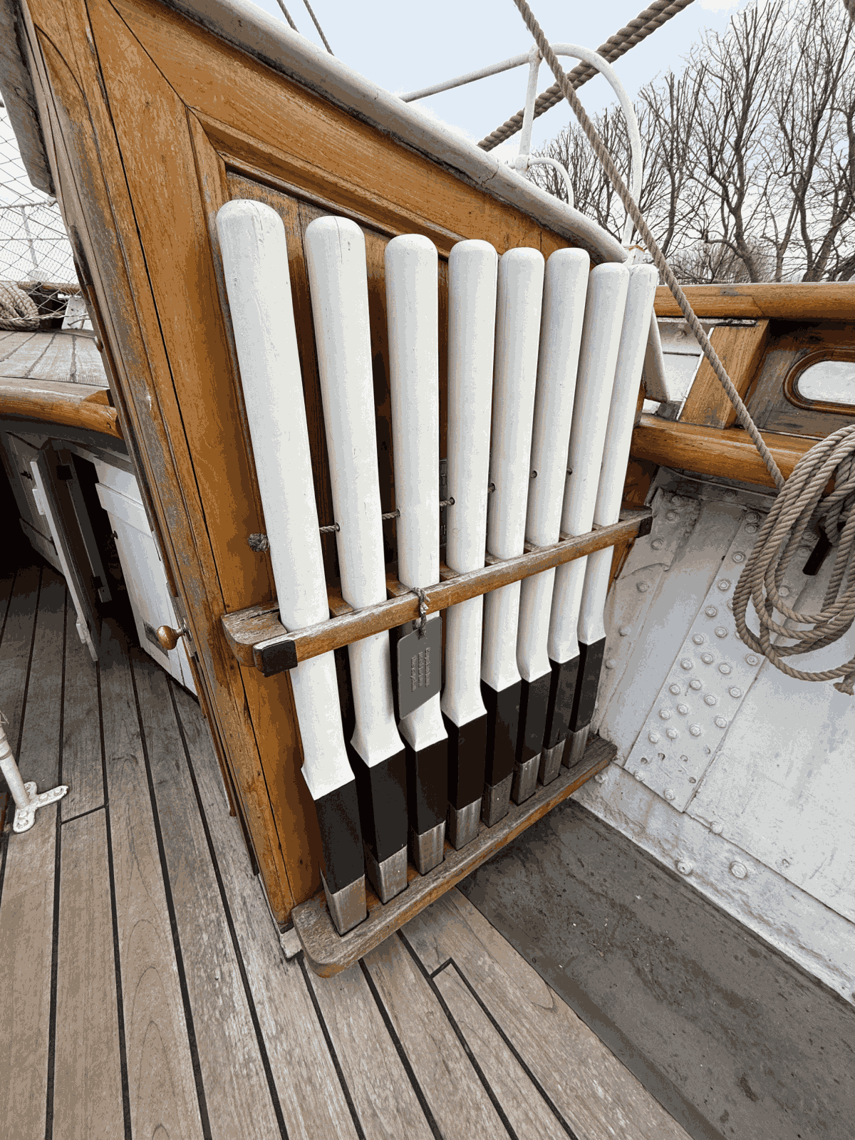 Close-up of capstan bars with label