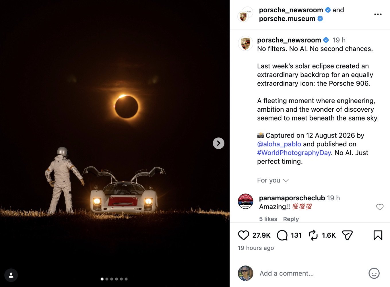 Screenshot of Porsche Newsroom’s Instagram post showing a Porsche 906 beneath a solar eclipse, captioned No filters. No AI. No second chances.